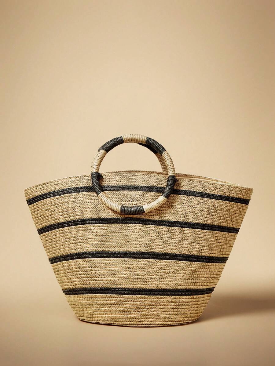 Travachic Túi Tote đan bằng rơm dung tích lớn, Túi xách nữ đa năng thường ngày, Túi mua sắm họa tiết sọc, Túi cầm tay cỡ lớn, Mùa xuân/hè - Màu Khaki - Xem 1