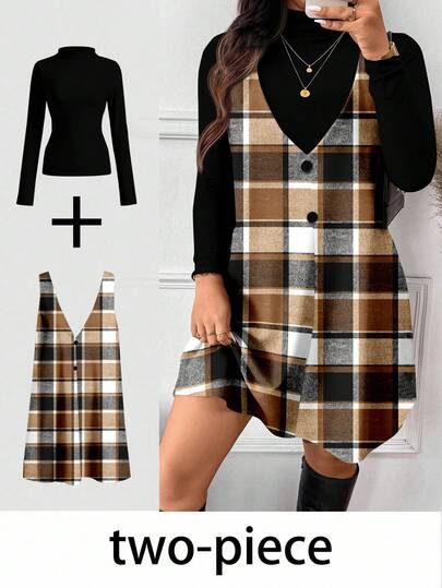 SHEIN Frenchy 大码V领格子宽肩带无袖休闲连衣裙和立领长袖上衣两件套 格子迷你连衣裙 方格连衣裙 棕色格子连衣裙 格子连衣裙 女士格子两件套 女士两件套连衣裙 新年派对