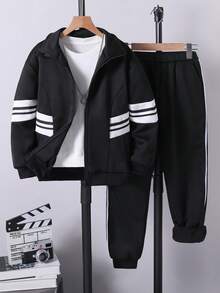 SHEIN Vacaura 2 件青少年男童厚日式运动衫夹克和裤子套装，灰色，柔软舒适的面料，经典灰色搭配黑白条纹，简约时尚的设计，适合秋冬季、户外、运动、学校和各种场合 - 黑色 - 查看 5