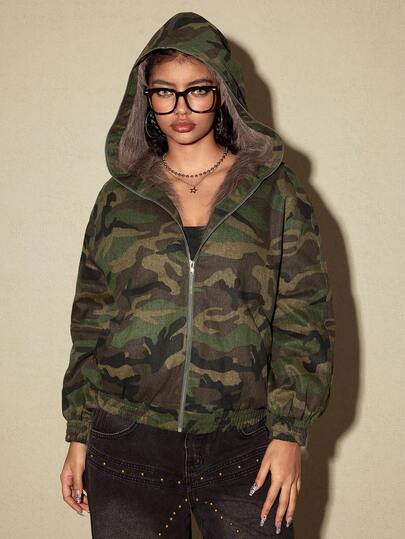 Grunge Punk Giacca imbottita unisex con colletto in pelliccia finta e stampa mimetica, stile americano, adatta per l'autunno/inverno