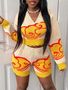 SHEIN BamGlam Bộ 2 áo len ngắn họa tiết tương phản màu thời trang dành cho nữ và quần short dệt kim - Màu be - Xem 4