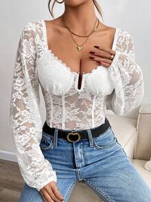 Chiquease Women's Fashionable Sexy Lace Long Sleeve Bodysuit - White - View 5