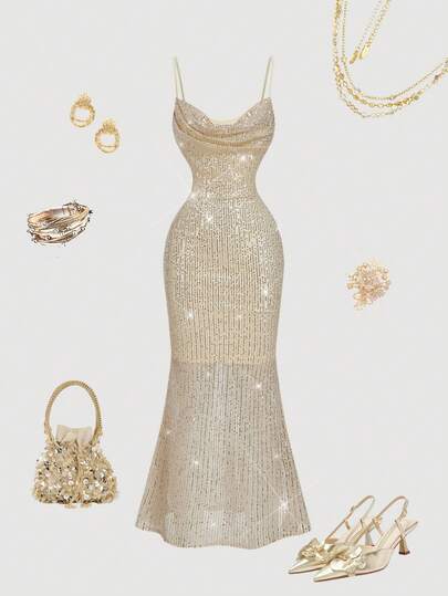 SHEIN MOD 女士时尚派对亮片细肩带超长美人鱼连衣裙