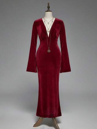 Goth Gothic Style V-Neck Fitted Long Burgundy Mermaid Dress