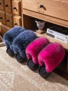 Suela de 4 cm de grosor, 6 cm de felpa. Zapatos de piel esponjosa de alta gama para mujer invierno 2025 nuevo interior hogar cálido felpa zapatillas de algodón antideslizantes - Azul - Ver 2