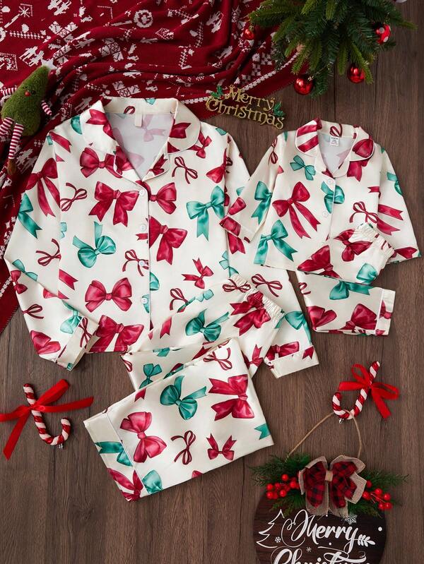 2pcs Baby Girls' Christmas Bow Print Long Sleeve Top And Leggings Snug Fit Pajama Set, Autumn/Winter Baby Girl Christmas Pajama Baby Girl Long Sleeve Christmas Outfit