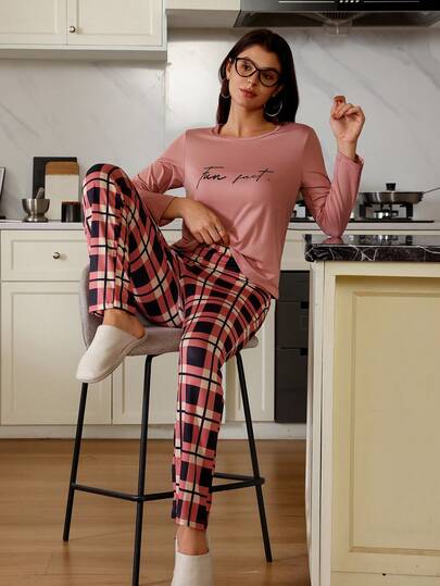 Conjunto de pijama de manga larga con estampado de letras y cuadros, ropa de otoño e invierno