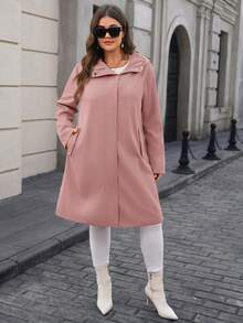 EMERY ROSE Abrigo largo tipo trench con capucha y cremallera de unicolor simple para uso diario y casual para mujeres de talla grande - Rosa - Ver 6