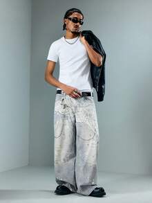 ROMWE MEN Street Life Jeans de mezclilla casual con estampado para hombres - Azul - Ver 7