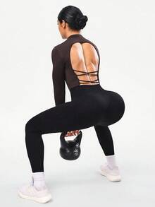 SHEIN Sports 女式纯色露背十字交叉设计长袖修身运动T恤 - 咖啡棕 - 查看 5