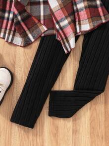 Sparklyn 3pcs Tween Girls Casual Plaid Lapel Vest With Belt + Ribbed Long Sleeve Leggings + Jacket Outfit Set - Multicolor - View 7