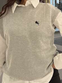 NegzBox 女士休闲宽松短袖针织上衣，带小标志刺绣 - 灰色 - 查看 3