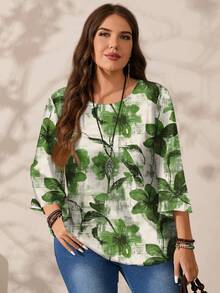 Mellowie Blusa de manga 3/4 con cuello redondo, estampado floral romántico casual, talla grande, adecuada para primavera y verano - Multicolor - Ver 7