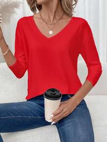 SHEIN LUNE Women's Casual Minimalist Regular V-Neck Long Sleeve T-Shirt, Suitable For Autumn/Winter, Christmas Red Top Women - Red - View 5