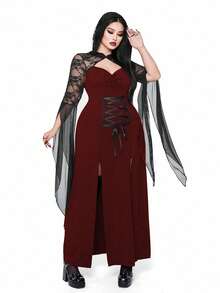 SHEIN Whyspr Plus Size Women's Contrast Lace Flare Sleeve Double Slit Hem Dark Goth Style Dress - Burgundy - View 4