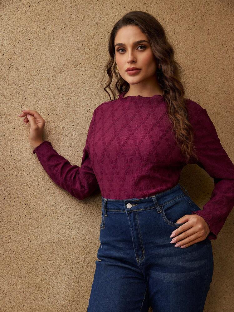 プラスサイズ テクスチャード フィッテッド レタスヘム Tシャツ