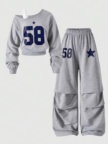 SHEIN ChillGRL 2pcs/Set Kids Girls Navy Blue Cow Boy Outfit,Asymmetric Shoulder Number 58 Print Long Sleeve Top & Loose Pants,Autumn School Back-To-School Clothing - Light Grey - View 8