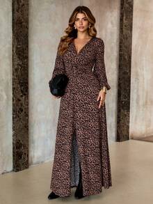 Roveilla 大码女式法式休闲优雅豹纹长袖 V 领连衣裙，秋冬 - 彩色 - 查看 5