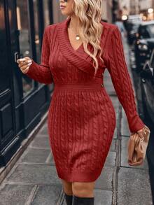 SHEIN LUNE Plus Size Women Solid Color Knitted V-Neck Button Fitted Bodycon Commuter Elegant Formal Pullover Sweater Dress, Autumn/Winter