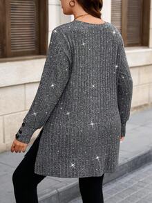 EMERY ROSE Blusa casual y cómoda de manga larga con cuello en V, botones decorativos y estampado salpicado de polvo enunicoloro y acanalado para mujer de talla grande - Gris Oscuro - Ver 2