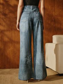 Anewsta Celana Jeans Model Flare dengan Motif Rhinestone Imitasi dan Pita untuk Komuter yang Modis - Biru - View 3