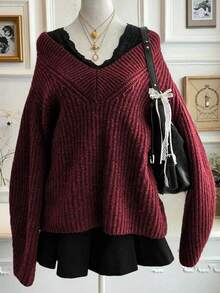 EMERY ROSE Plus Size Casual Dropped Shoulder Loose V-Neck Ribbed Knit Sweater, Autumn/Winter