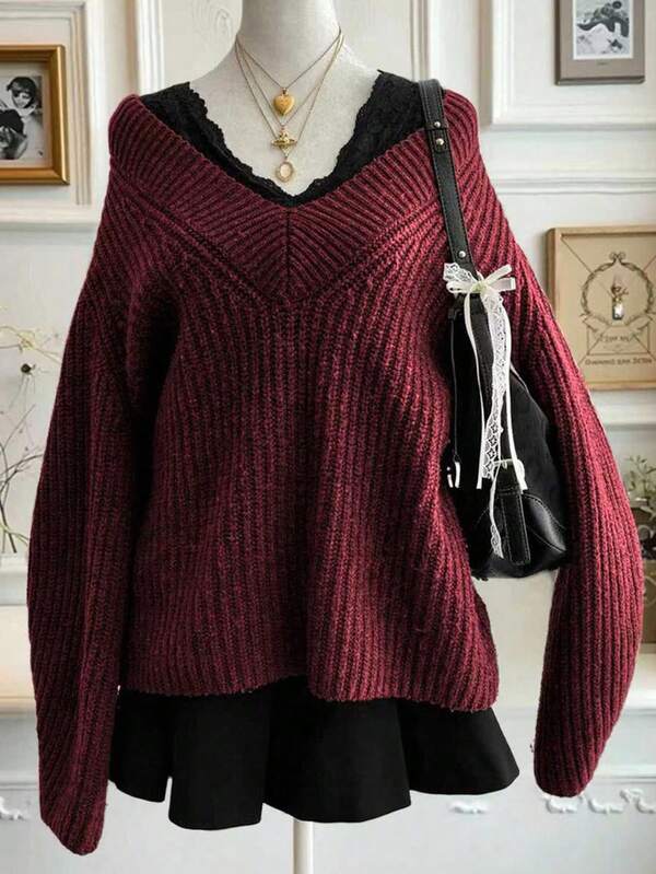 EMERY ROSE Plus Size Casual Dropped Shoulder Loose V-Neck Ribbed Knit Sweater, Autumn/Winter