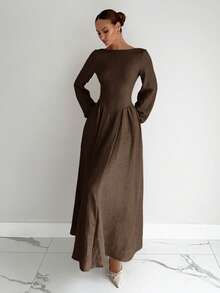 女式优雅纹理灯笼袖长裙，秋季 - 棕色 - 查看 3