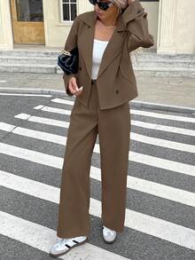 Serisse 女士休闲/办公室通勤简约纯色翻领双排扣西装外套和阔腿裤两件套 - 棕色 - 查看 3