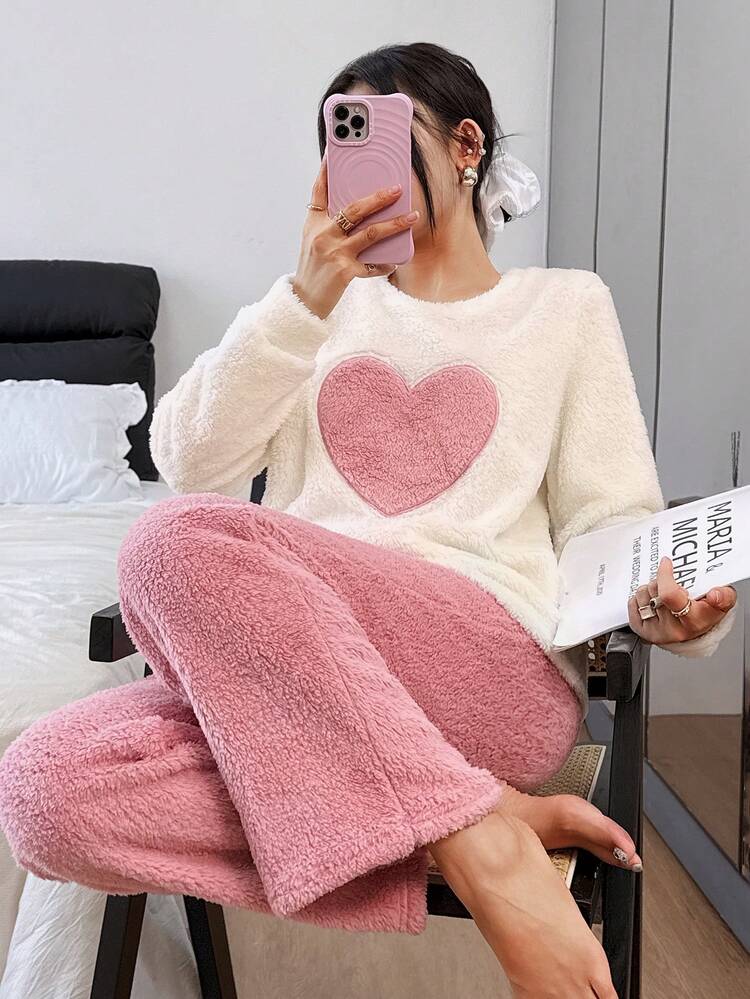 SHEIN Women's Minimalist Pink Heart Embroidered Thick Cozy Soft Double-Sided Fleece Crew Neck Long Sleeve Top & Pants, Cute Sweet Casual Loungewear 2 Pieces Fluffy Pajama Set, Winter Clothes - Pink - View 1