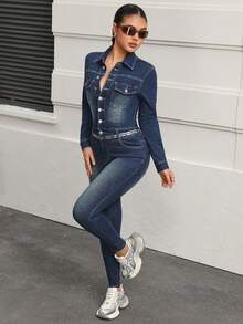 SHEIN PETITE Women's Retro Style Long Sleeve Denim Jumpsuit