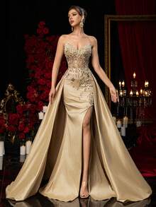 Glamrae Elegant Luxurious Beaded & Sequin Floral Sexy Strapless Mermaid Maxi Dress With High Slit, Suitable For Weddings, Events, Parties, Vacations, Galas (Heavy Embellishment) Gown