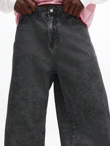 SUMWON 极致滑板风阔腿宽松牛仔裤，复古水洗效果，打造休闲街头风。 - 黑色 - 查看 6