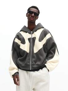 SUMWON 超大拉链连帽衫，带抽绳，拼色设计，休闲街头风运动衫，长袖，秋冬分层