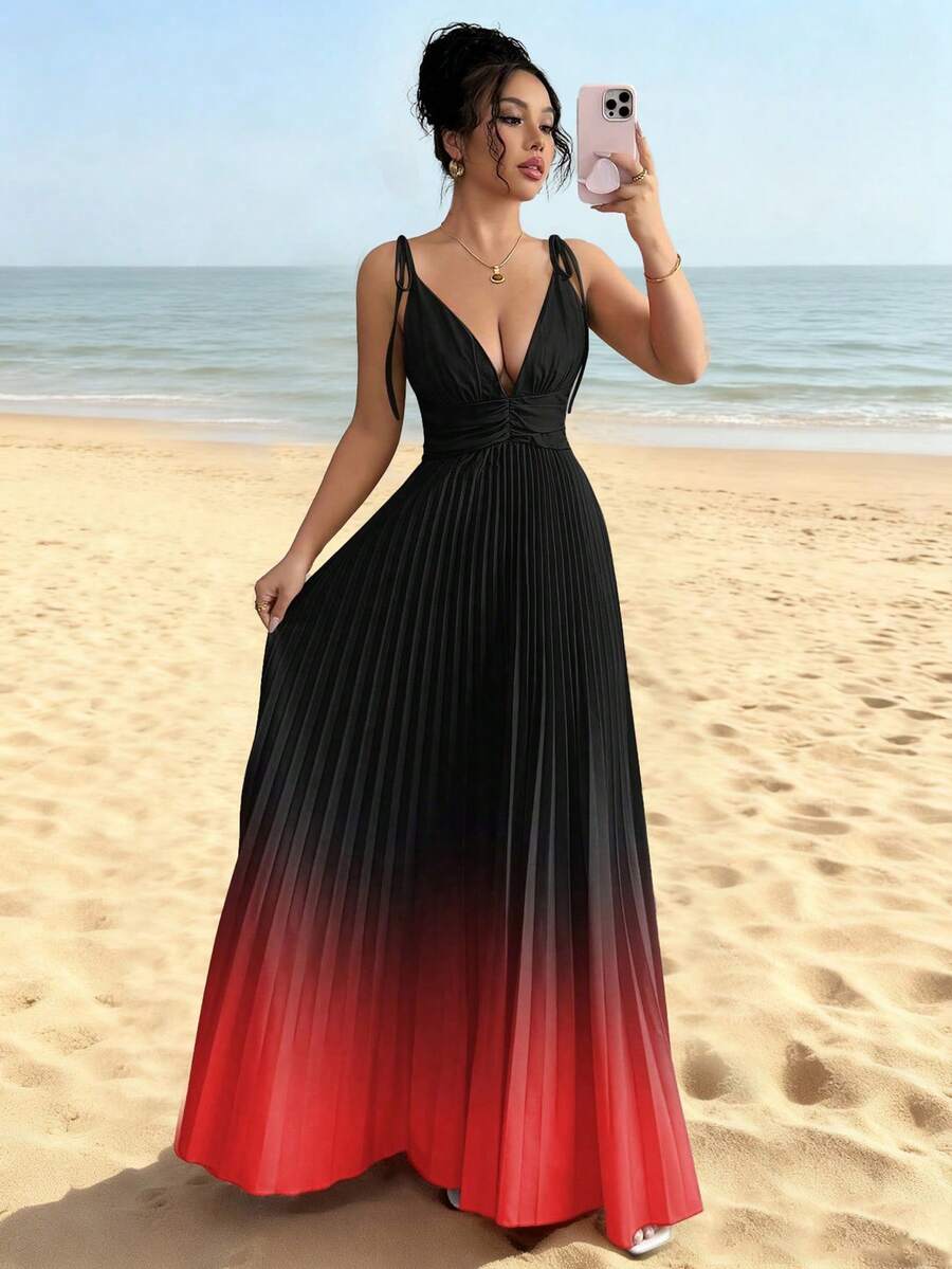 Elenzga Robe élégante et romantique pour femmes avec col en V dégradé, taille froncée et bretelles