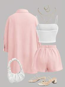 SHEIN Girlism 3件套少女白色吊带背心、休闲短裤、衬衫上衣套装 - 粉色 - 查看 2