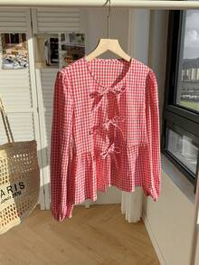 Comfortcana 大码初秋红色格子长袖蝴蝶结衬衫