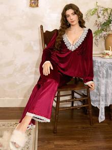 Côtesoire 法式优雅撞色蕾丝V领丝绒女士睡衣套装，冬季服装 - 酒紅色 - 查看 5