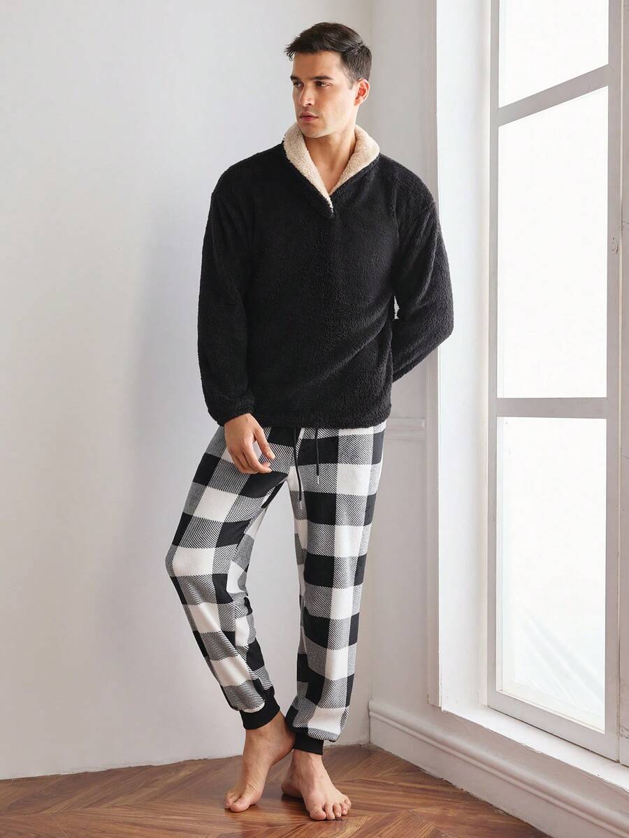 轻盈舒适柔软，居家休闲两相宜，也可户外穿着，毛绒绒的撞色男士蓬松舒适家居服上衣，冬季 - 黑色 - 查看 1