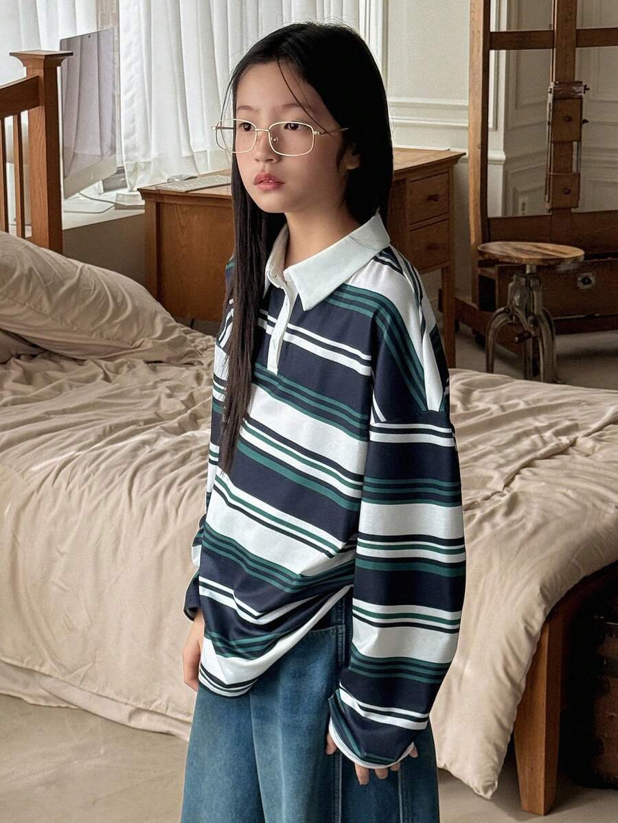 Dazy Kids Tween Girl Fall Clothes Contrast Color Striped Collar Long Sleeve T-Shirt For Girls, Plus Size