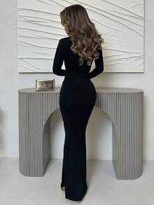 Jemour 女士性感时尚优雅高领侧镂空前中金属纽扣装饰修身黑色长袖连衣裙 - 黑色 - 查看 2