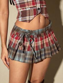 ROMWE Avant Chân váy chữ A xếp ly họa tiết kẻ caro phong cách Preppy Millennium Girl dành cho nữ - Nhiều màu - Xem 5
