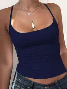 Zyxie Women's Casual Sleeveless Crop Top, Solid Color, Slim Fit, Versatile For Daily Wear, Summer - Navy Blue - View 2