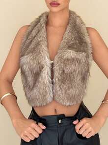 Chiquease Áo croptop cổ yếm buộc dây giả lông thú phong cách Y2K gợi cảm, áo lông thú nữ, áo mở phía trước, áo quàng cổ - màu nâu - Xem 6