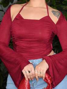 Arliah Women's Casual Solid Color Ruched Halter Flare Sleeve T-Shirt - Burgundy - View 4