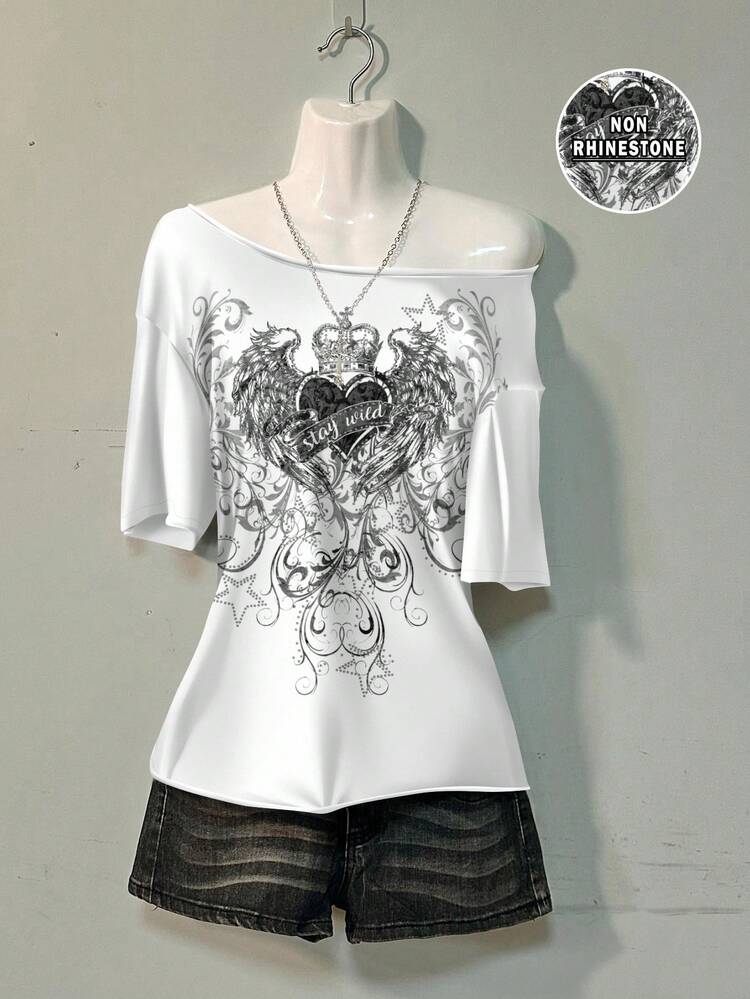 Attitoon T-shirt ample à manches courtes avec motif aile de cœur décontracté, convient pour l'été pour femmes