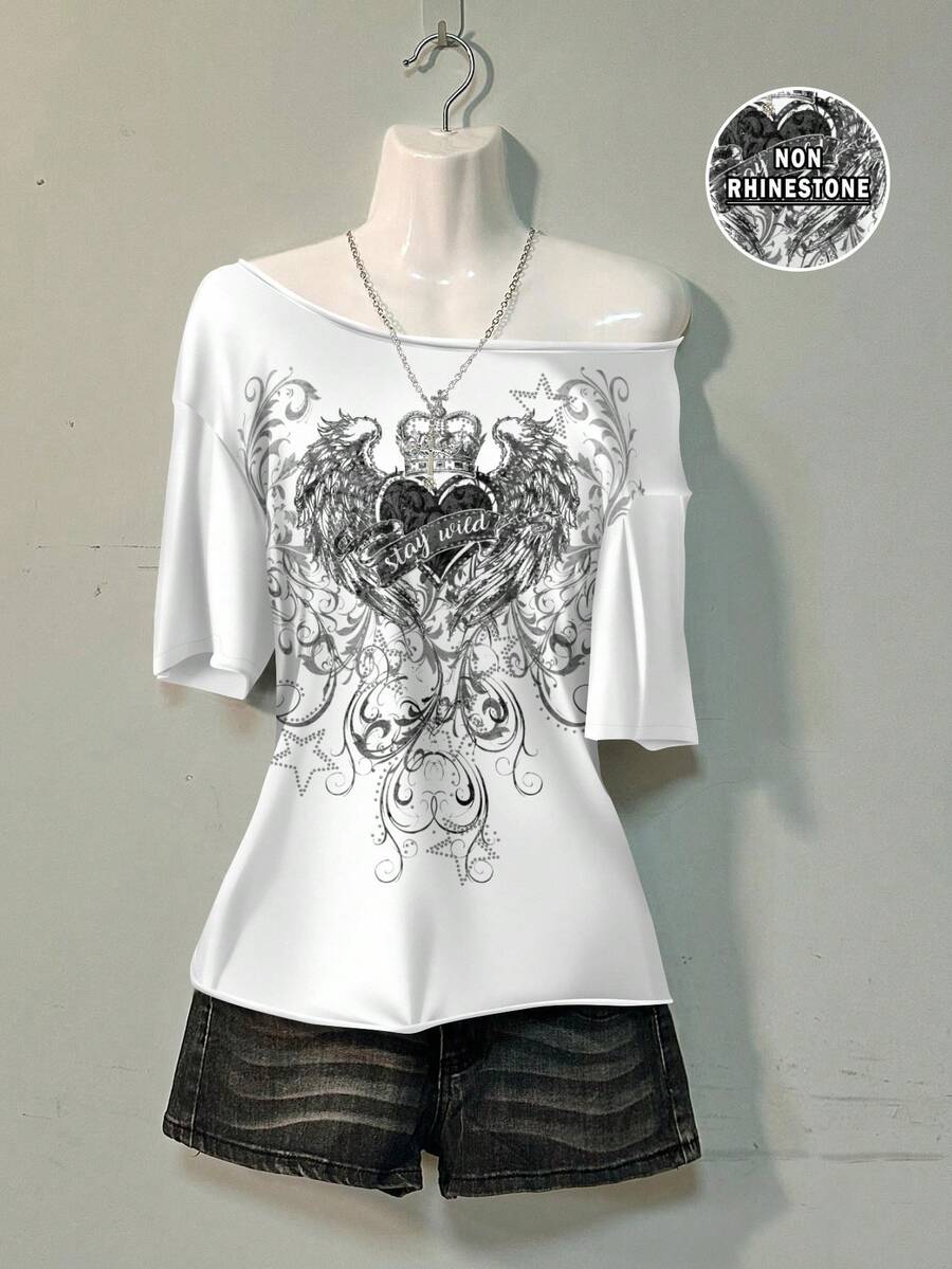 Attitoon Áo thun tay ngắn dáng rộng họa tiết cánh trái tim đơn giản dành cho nữ, phù hợp cho mùa hè - trắng - Xem 1