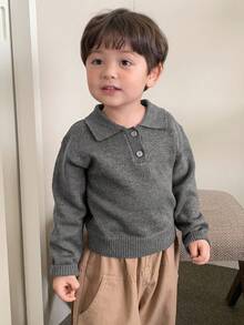 DAZY 幼儿男童休闲纯色翻领长袖毛衣，春秋季 - 灰色 - 查看 3
