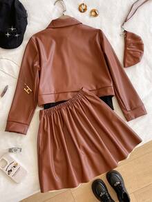 Tween Girls' Chic Faux Leather Jacket & Turtleneck Top & Pleated A-Line Skirt 3 Pieces Outfit, Stylish And For Spring/Autumn Daily Wear Or Gatherings - Brown - View 2