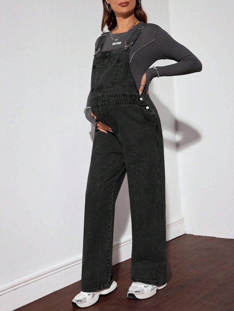 SHEIN Pantaloni denim cu croială lejeră, blugi albaștri pentru femei, blugi largi pentru femei, blugi vintage largi, pantaloni de iarnă pentru femei, blugi casual largi pentru femei, cu picior larg - Negru - Vizualizare 1